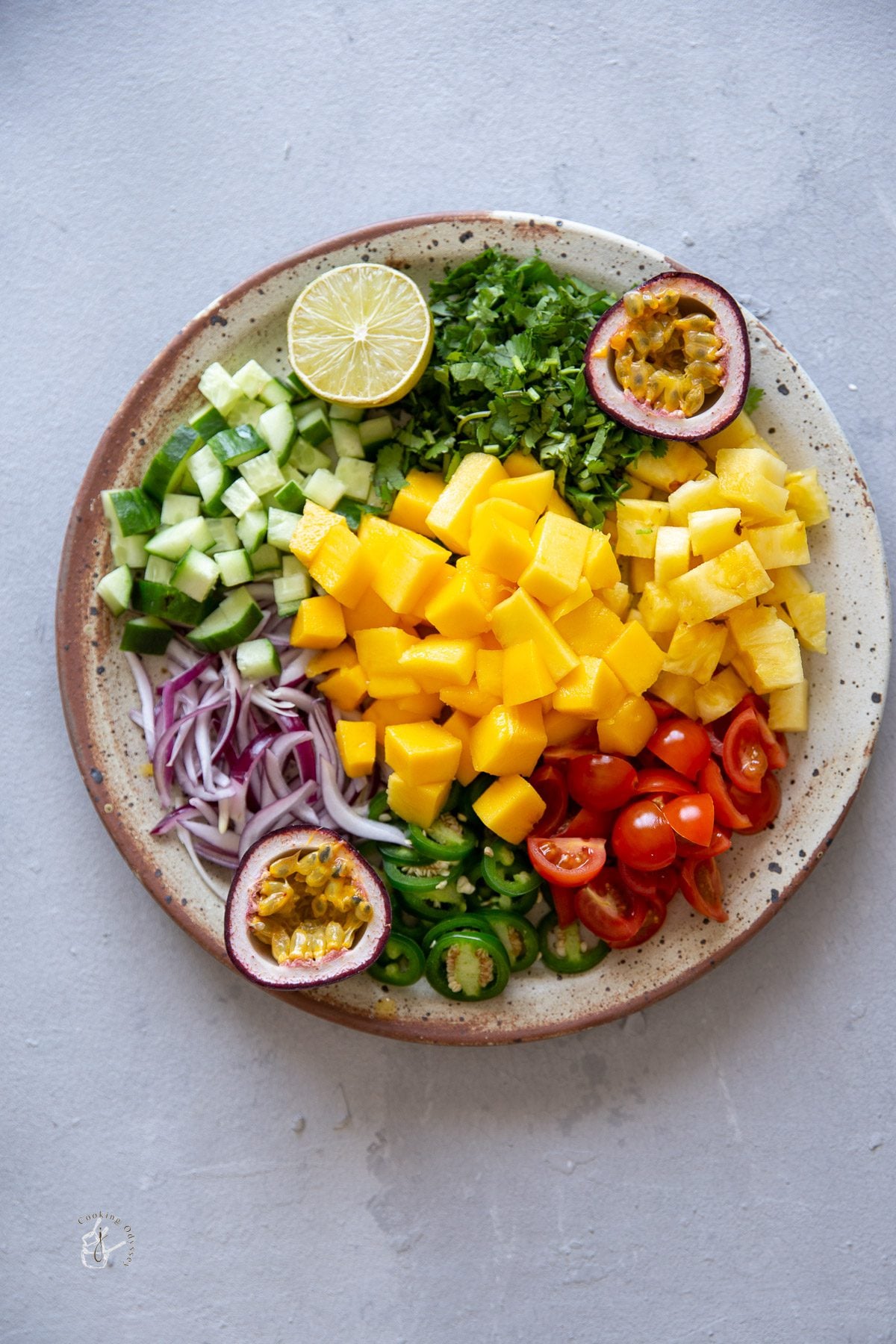 chopped tomato, pineapple, avocado and mango in a plate without being mixed.