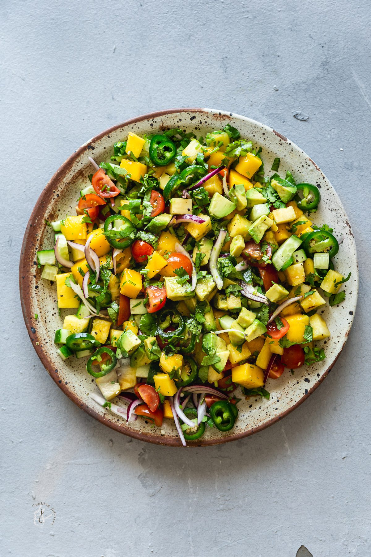 finished tomato pinapple avocado salsa with mango in a cream plate.
