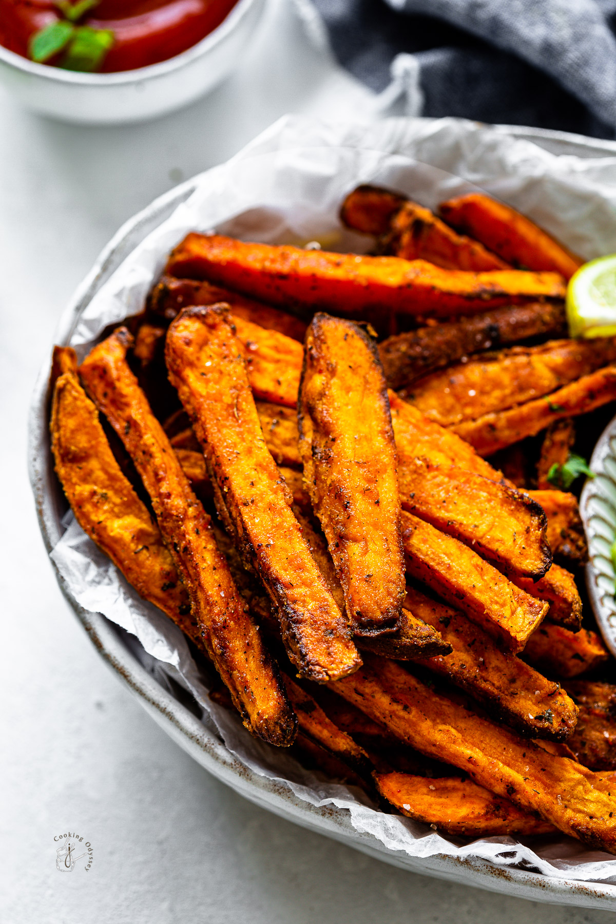 A very close up shot of air fryer sweet potato fries 

