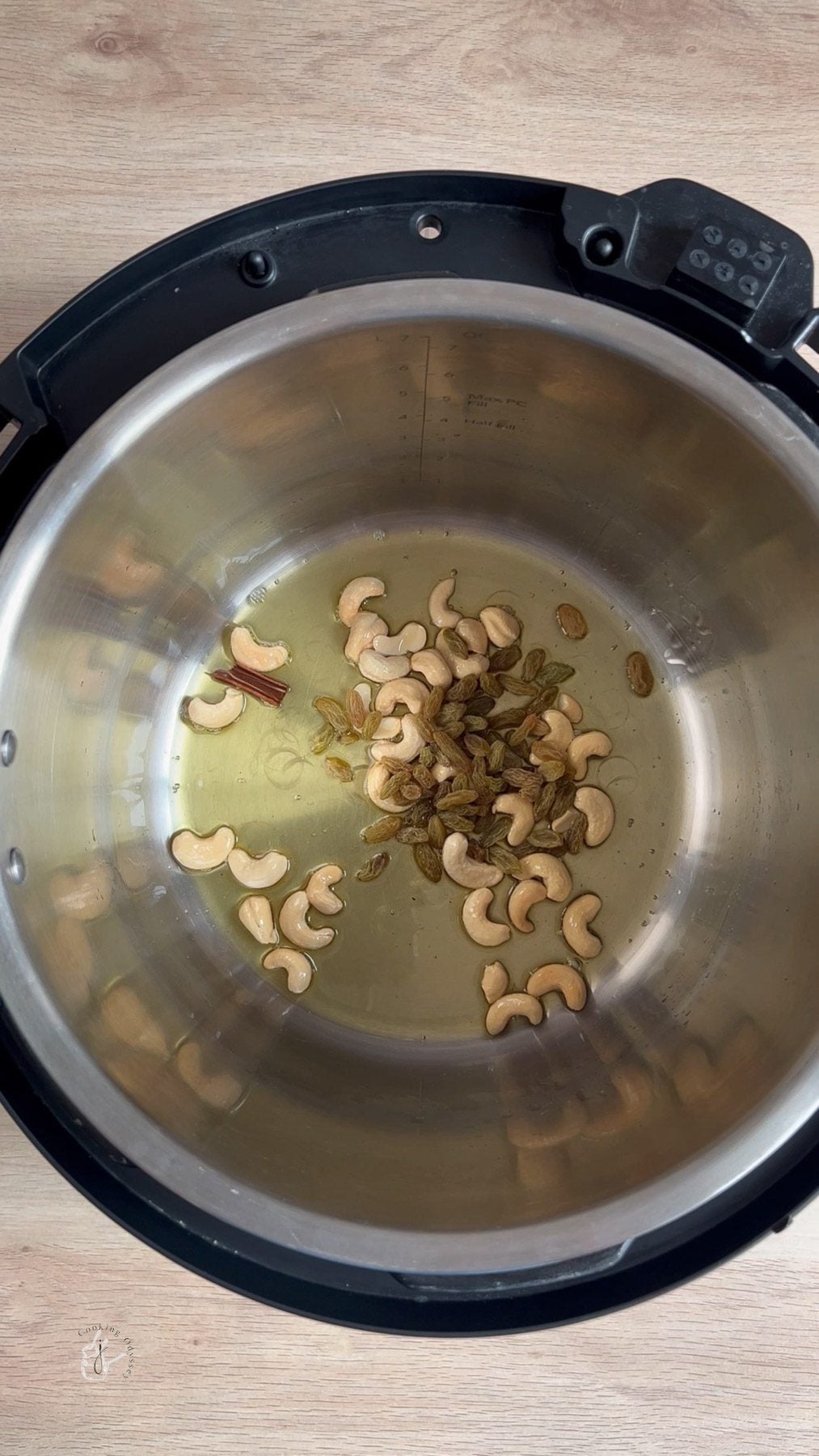 cashews, raisins and cinnamon added to the hot ghee
