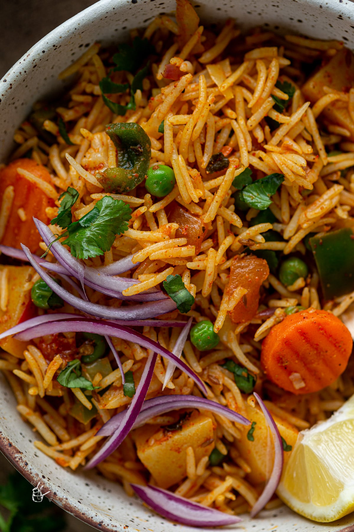 tawa pulao rice in a bowl topped with raw onion salad. 