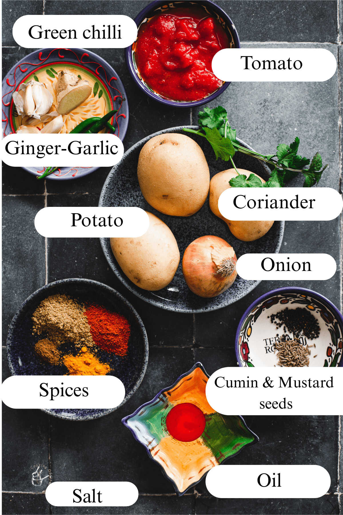 Ingredients of bombay potatoes including potato, spices, oil and herbs. 