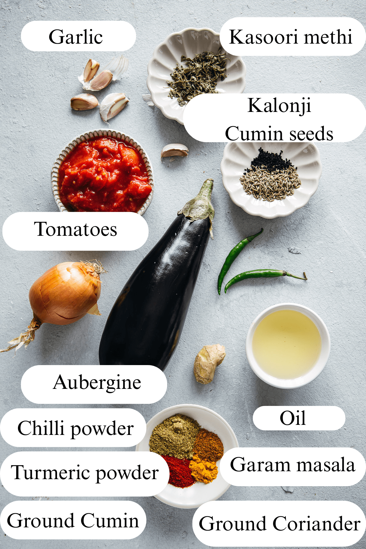 Ingredients of brinjal bhaji includes aubergine, spices, oil and tomatoes.