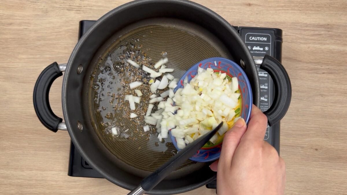 onion addded to the hot oil and spices