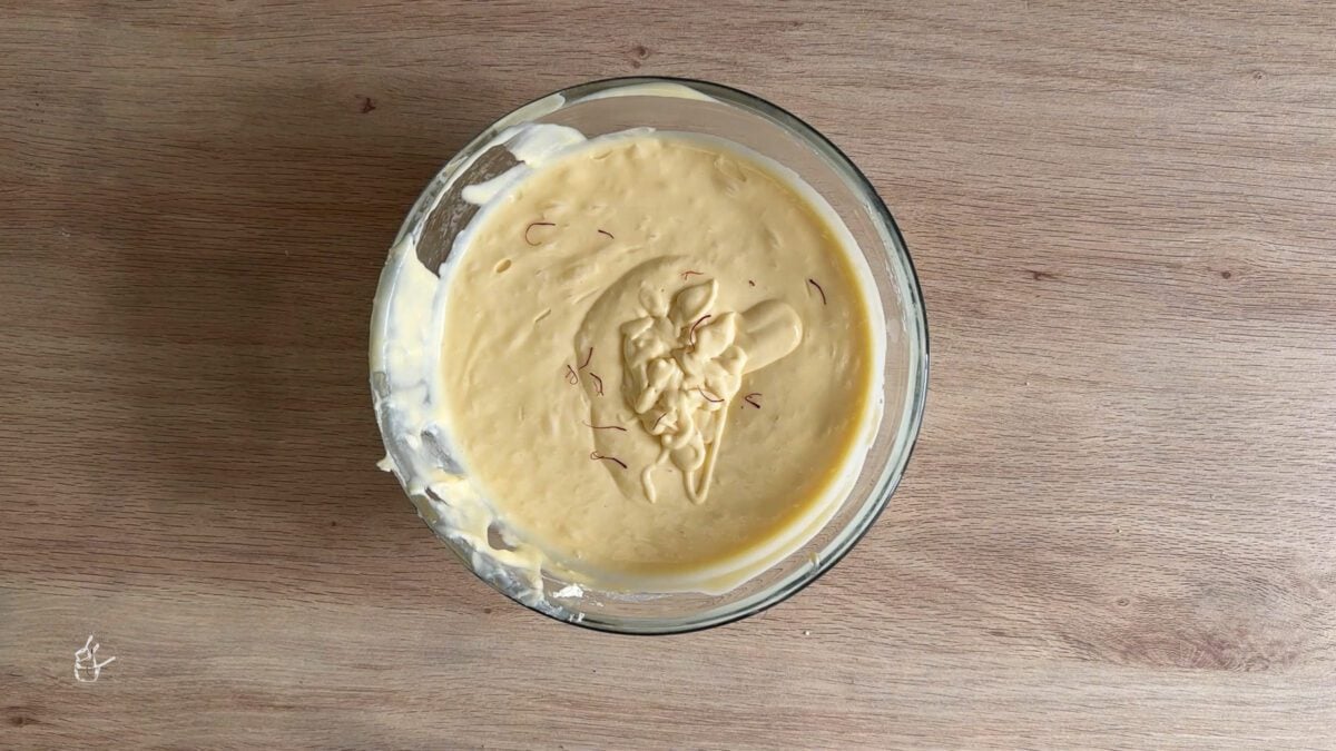 saffron added to the mango kulfi mixture 