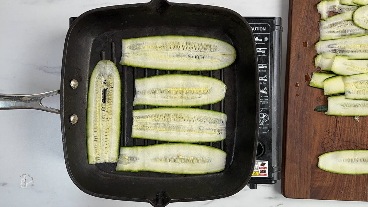 courgette ribbons on a pan 