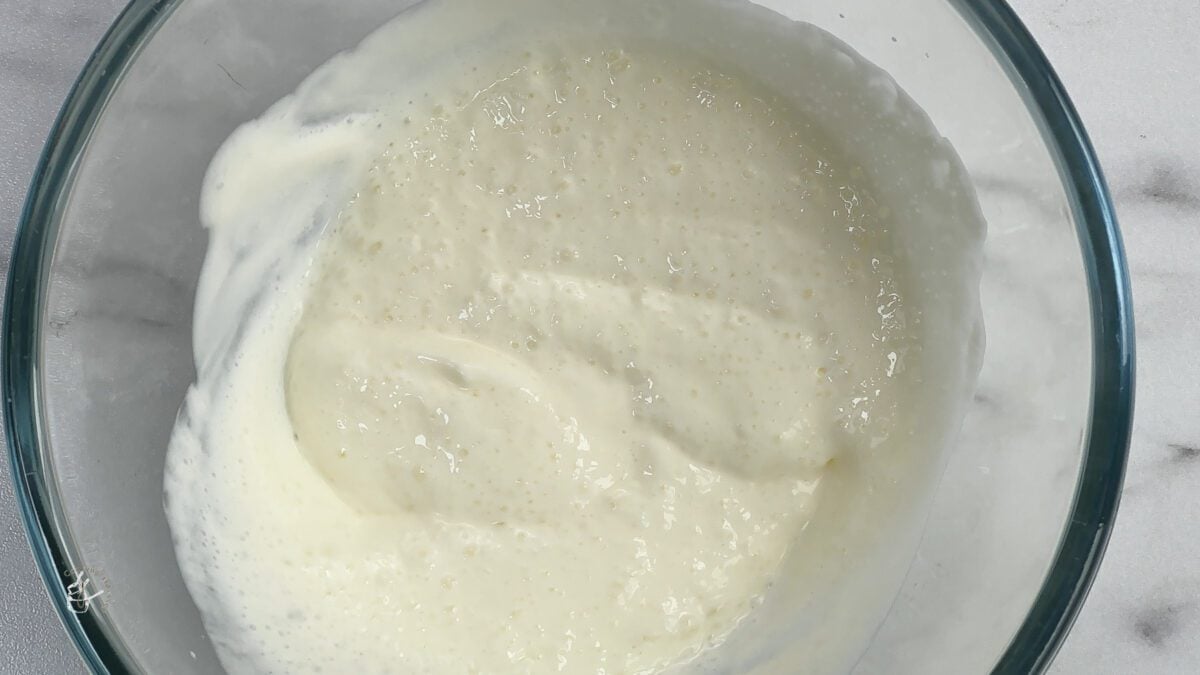 frothy yogurt and baking soda mixed in a bowl