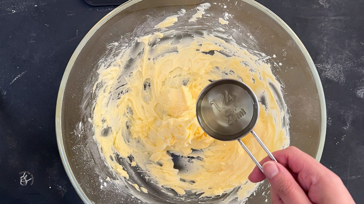 whisked butter and sugar in a mixing bowl