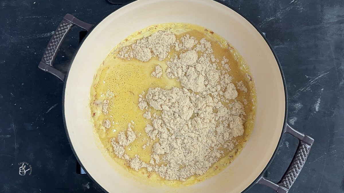 almond flour added to the saffron infused milk and sugar syrup