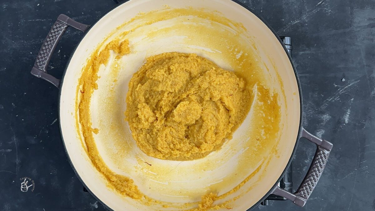 almond flour and saffron dough in the pan