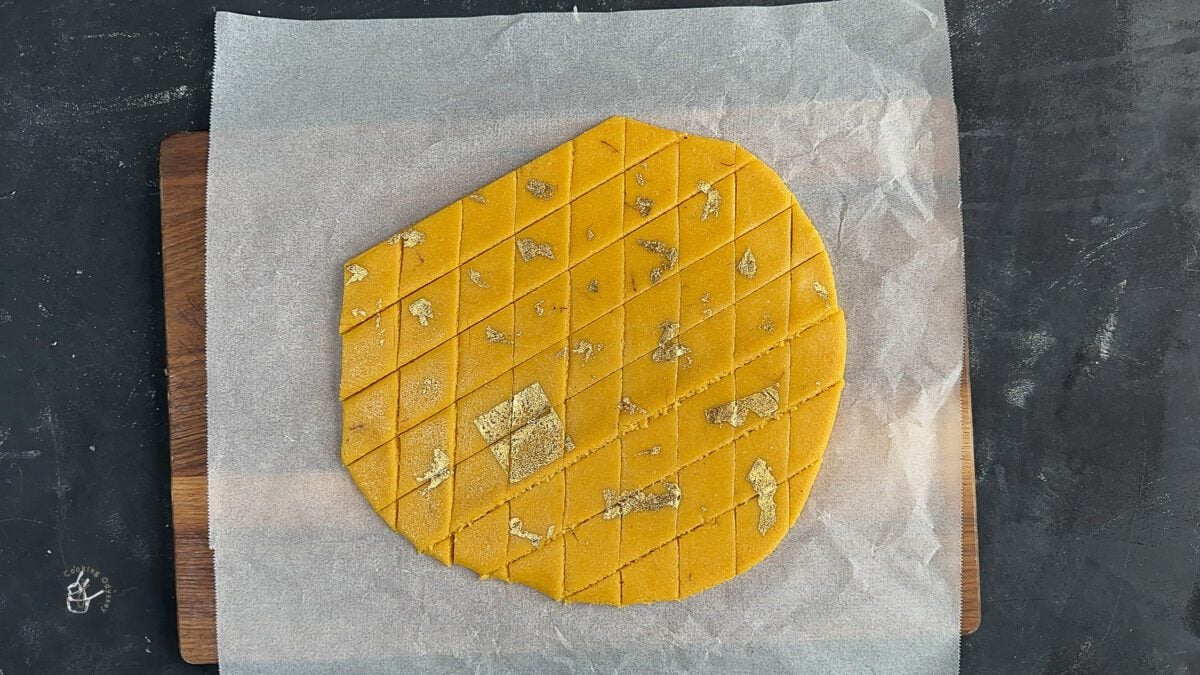 edible gold foil applied on the vegan kesar badam katli
