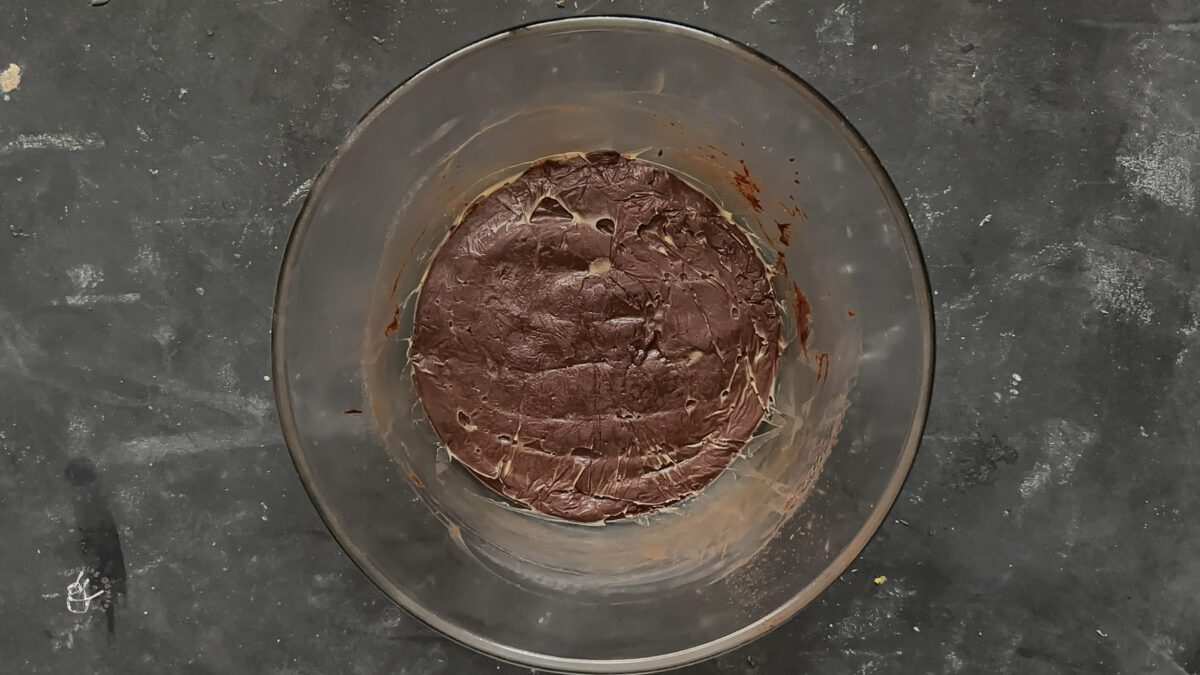 chilled chocolate ganache in a bowl to prepare 3 ingredients christmas truffles. 