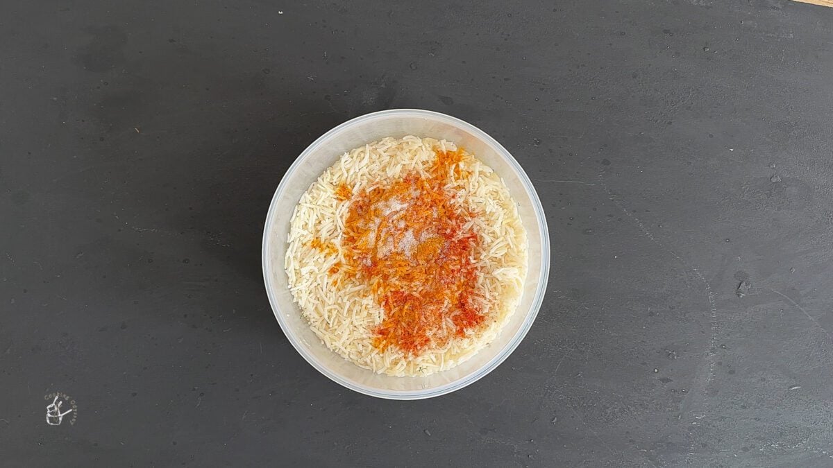 turmeric powder, chili powder and salt added to the plain boiled basmati rice.