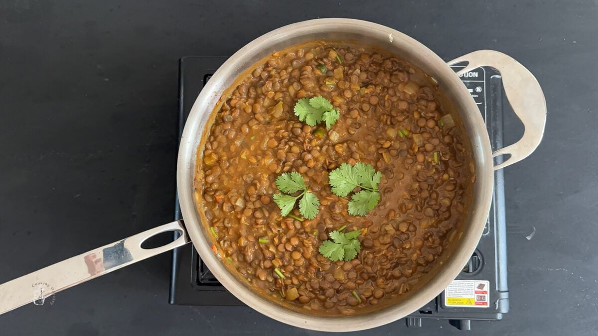 cooked daal in a wide pan on the stovetop. 