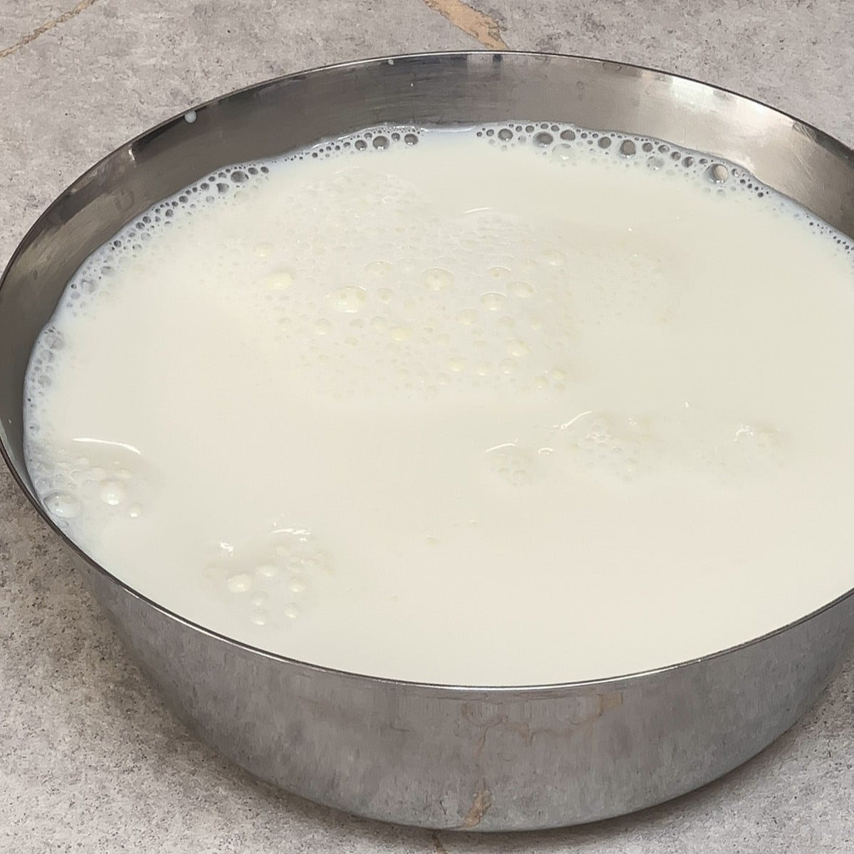 Milk in stainless steel bowl. 