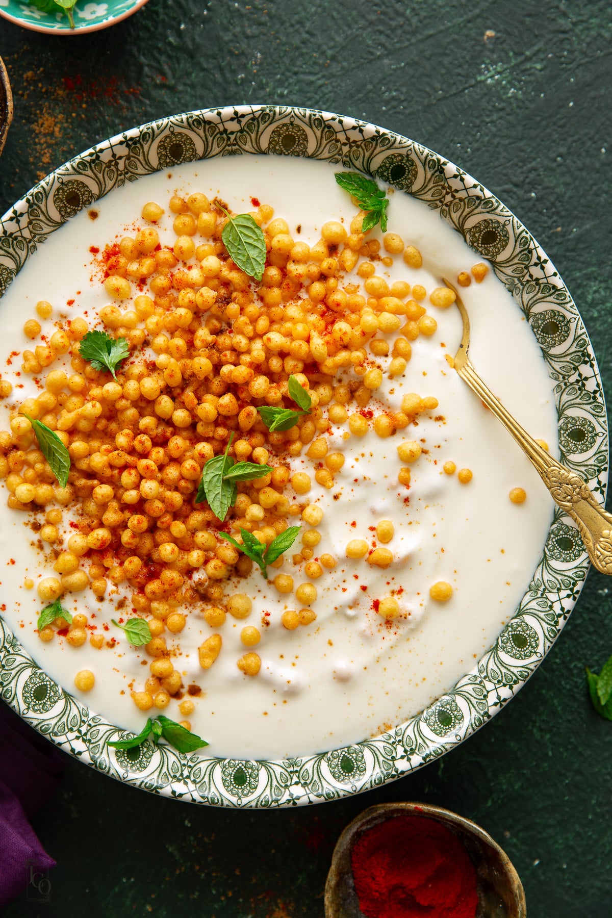 Boondi raita topped with extra crispy boondi and mint leaves.