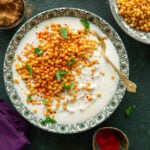Boondi raita served in a bowl with a spoon.