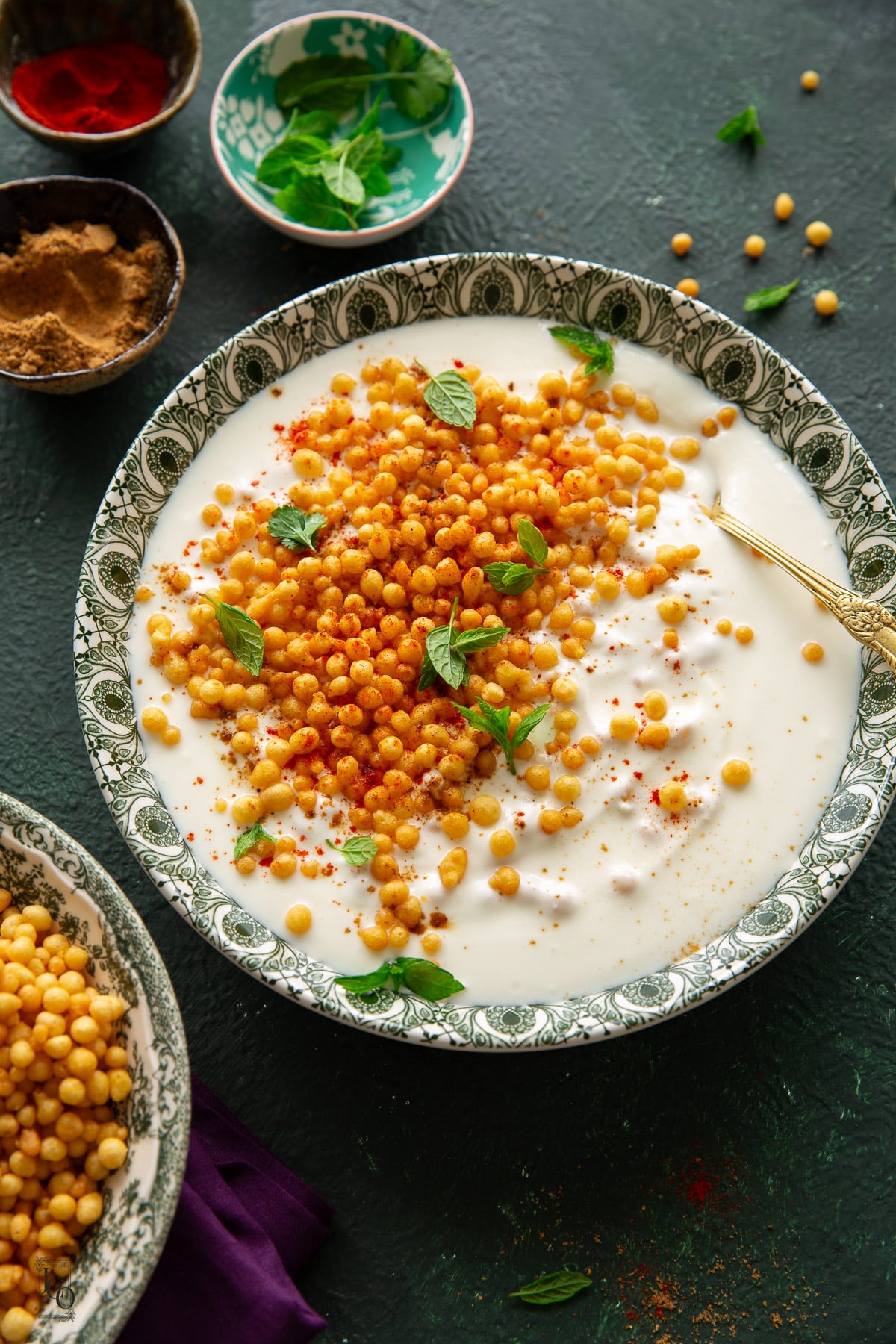Boondi raita served in a decorative serving bowl.